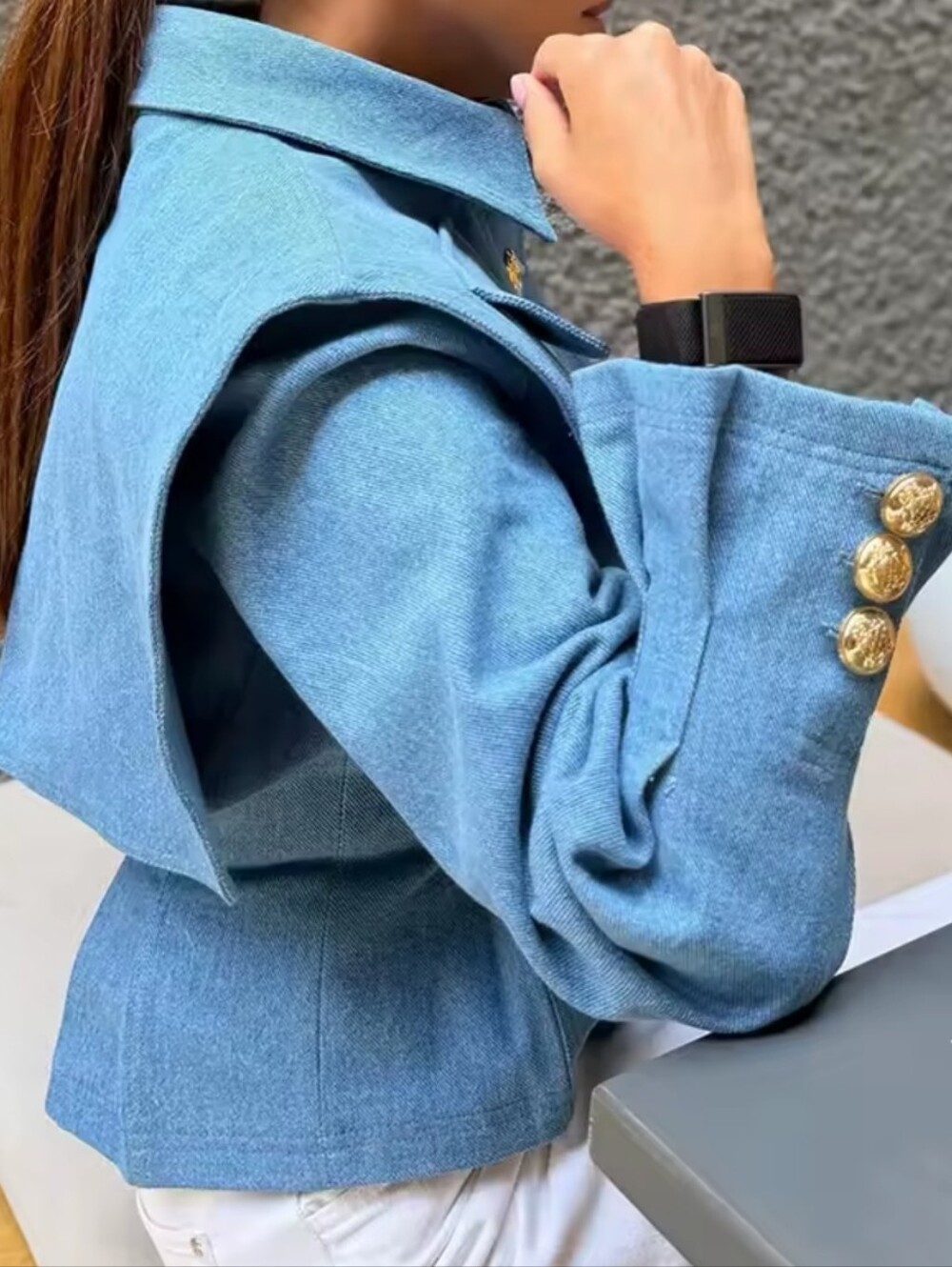 Women's Jacket Lapel Metal Button Waist Cinching Long Sleeve Short Coat Chic - Picture 5 of 7